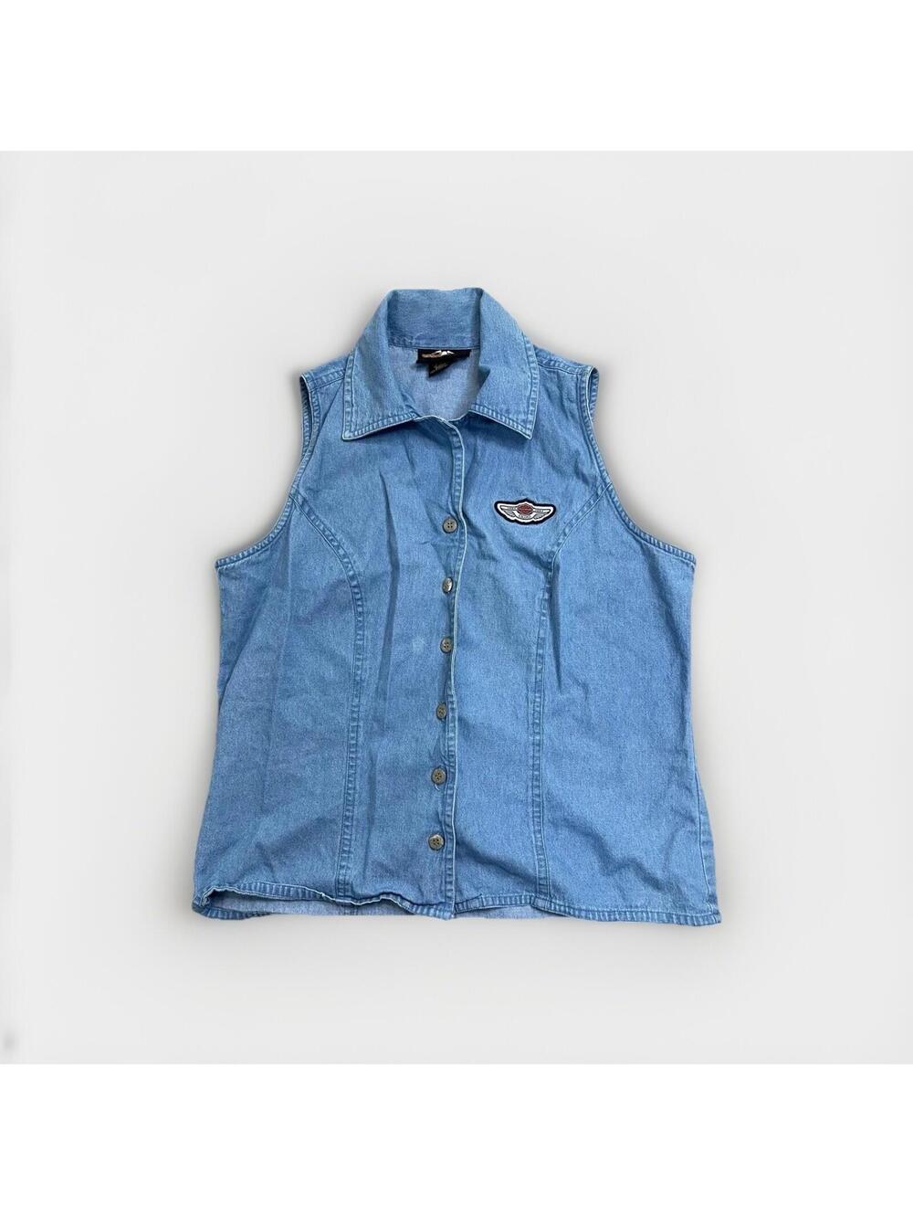 Harley Davidson Women Vintage 2003 Denim Sleeveless Button Up Shirt Blue L